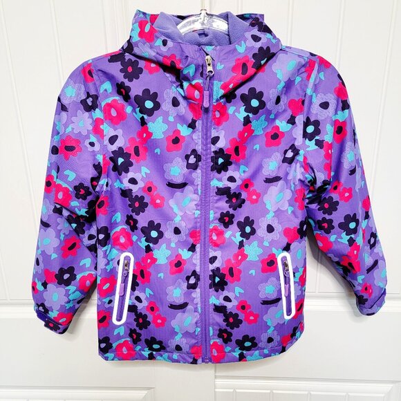Girl's Size 7/8 Waterproof Fleece Lined Hooded Rain Jacket Purple Floral EUC - Picture 1 of 10